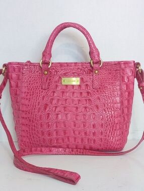 Brahmin Pink Melbourne Mini Arno Crocodile Embossed Leather Crossbody Satchel